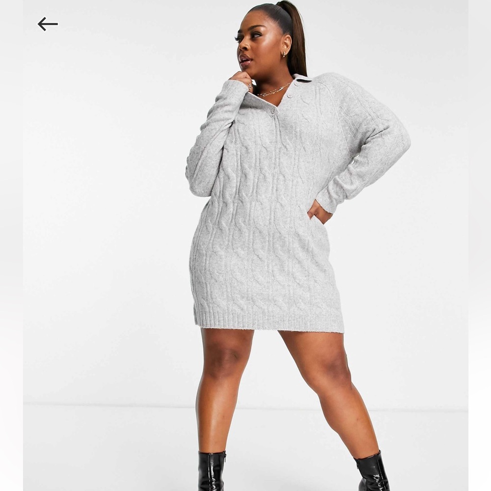 NWT ASOS Design Curve knit cable mini dress with open collar in grey US16